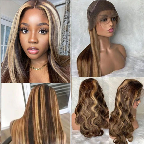 Straight Highlight Wig 4x4 Closure Wig Piano Color 13x4 Lace Front Human Hair Wigs 4/27 Ombre Remy 150% 180% density