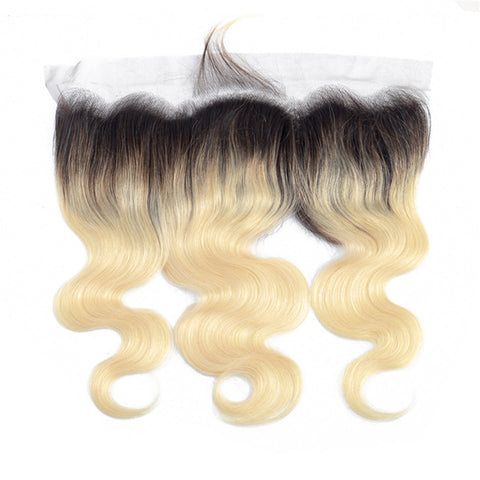 1B 613 Bundles with Frontal Brazilian Body Wave Remy Human Hair Dark Roots Russian Honey Blonde Bundles With Frontal