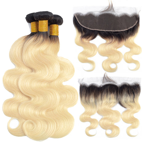 1B 613 Bundles with Frontal Brazilian Body Wave Remy Human Hair Dark Roots Russian Honey Blonde Bundles With Frontal
