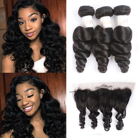 Brazilian Hair Weave Bundles With Frontal Closure 13*4 Inch Human Hair 3 Bundle Deals Loose Wave Remy hair