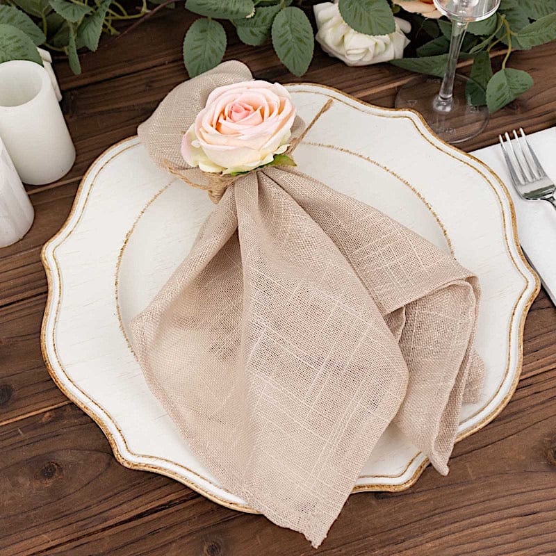 4 Round Wooden Napkin Rings with Jute and Silk Rose Flower - Natural and Blush