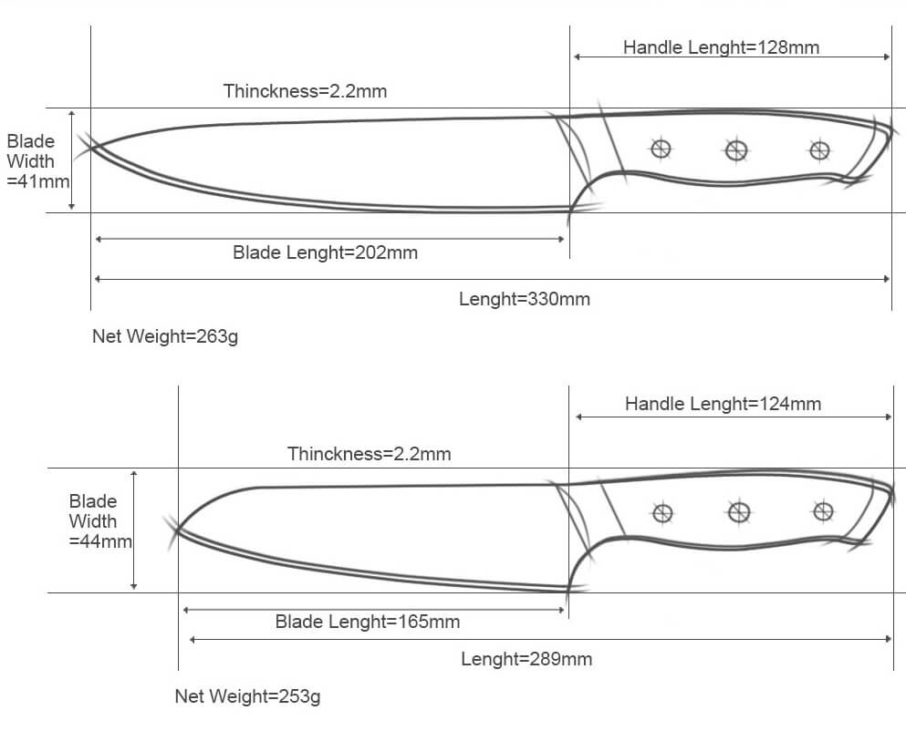 damascus japanese knife set - size
