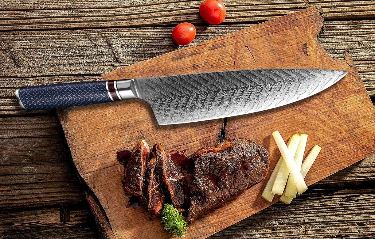 8 Inch Damascus Kitchen Knife, Blue Resin Handle
