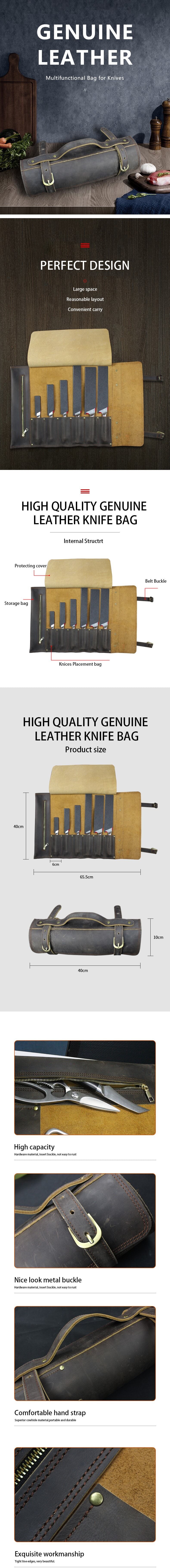 Genuine Leather Knife Roll Storage Bag, 6 pockets, Portable Chef Knife Case, Travell Friendly
