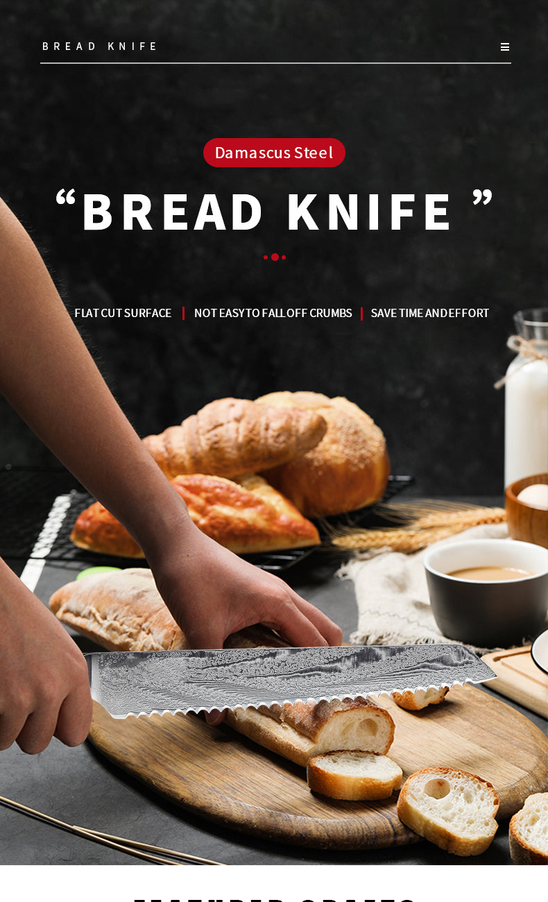 DAMASCUS BREAD KNIFE, 8" SERRATED BREAD KNIFE, JAPANESE AUS-10 SUPER STEEL
