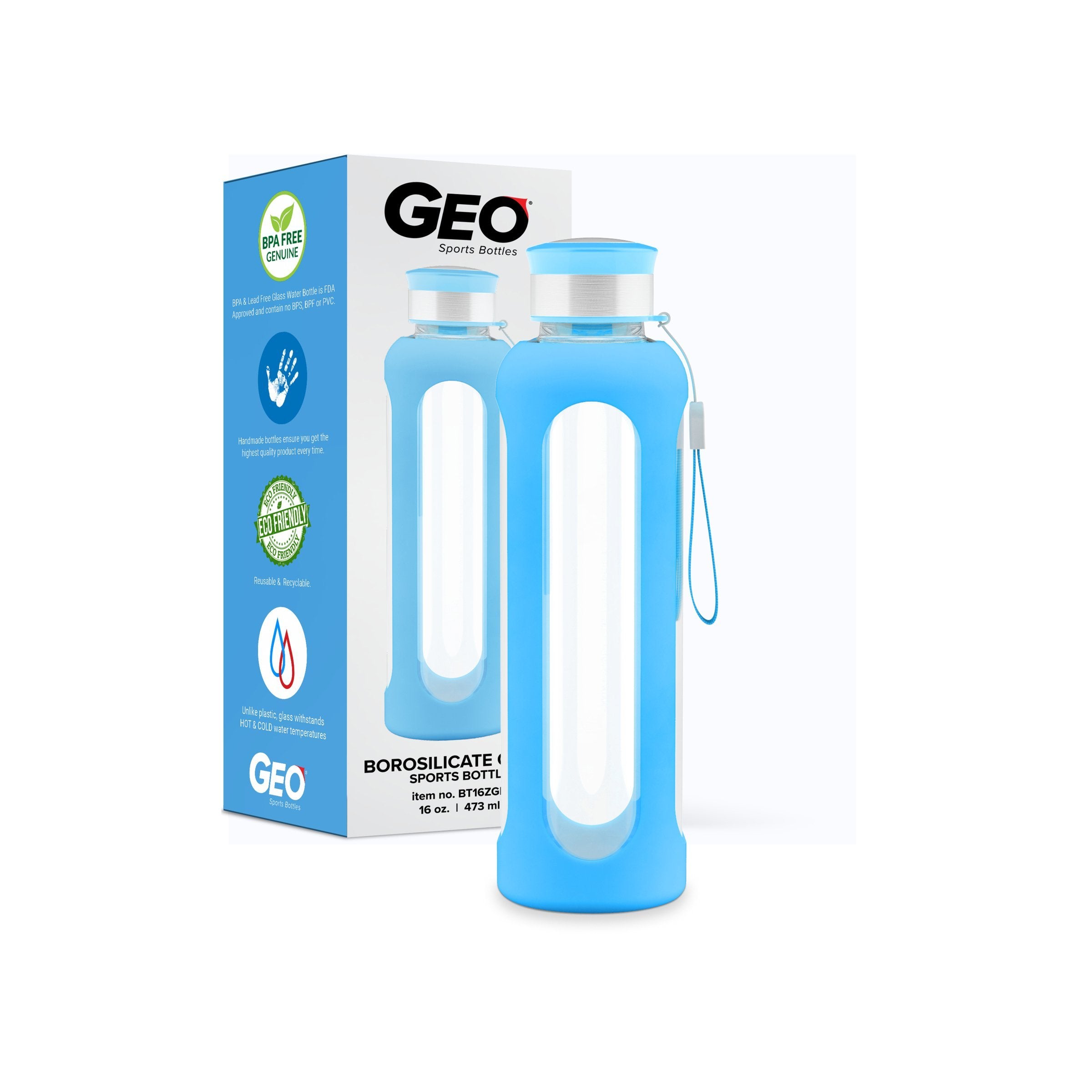  16 Ounce Glass Water Bottle, Sports Bottle, with Protective Sleeve, GEO 