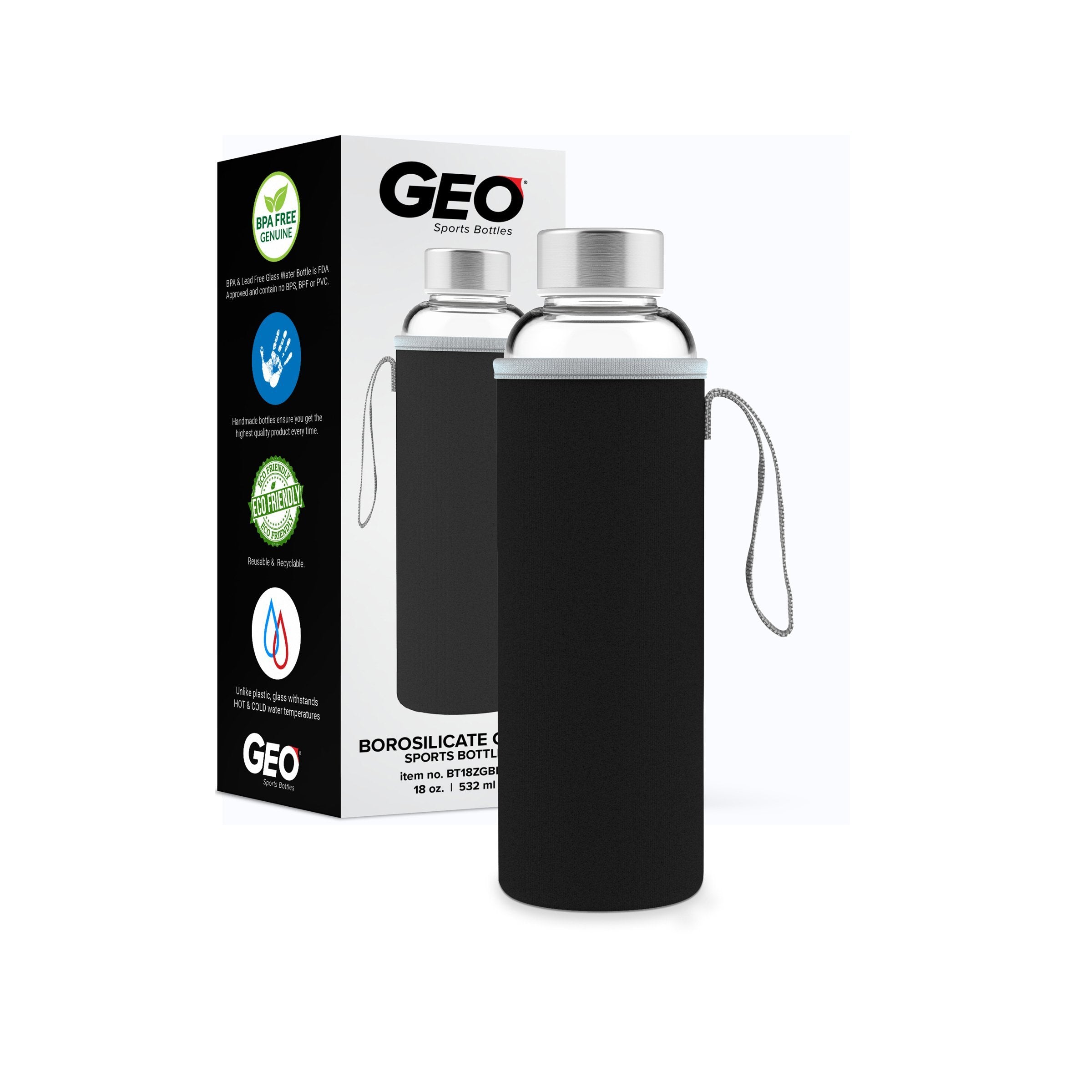  18 Ounce Glass Water Bottle, Sports Bottle, with Protective Sleeve, GEO 