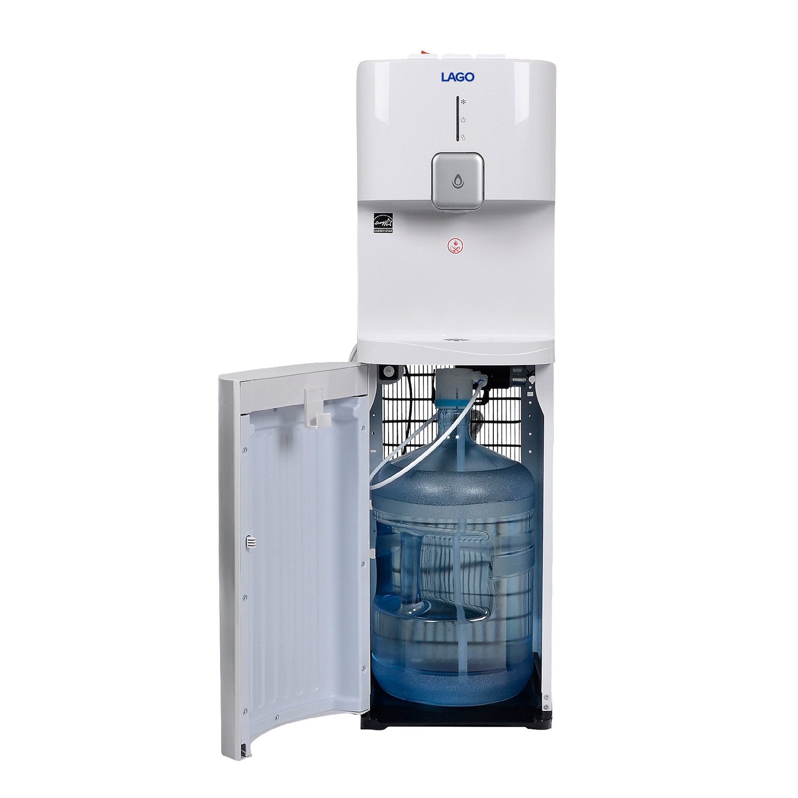  Hot Cold and Room Temp Water Dispenser Cooler Bottom Load, Tri Temp, White and Brush Stainless Steel, Lago 