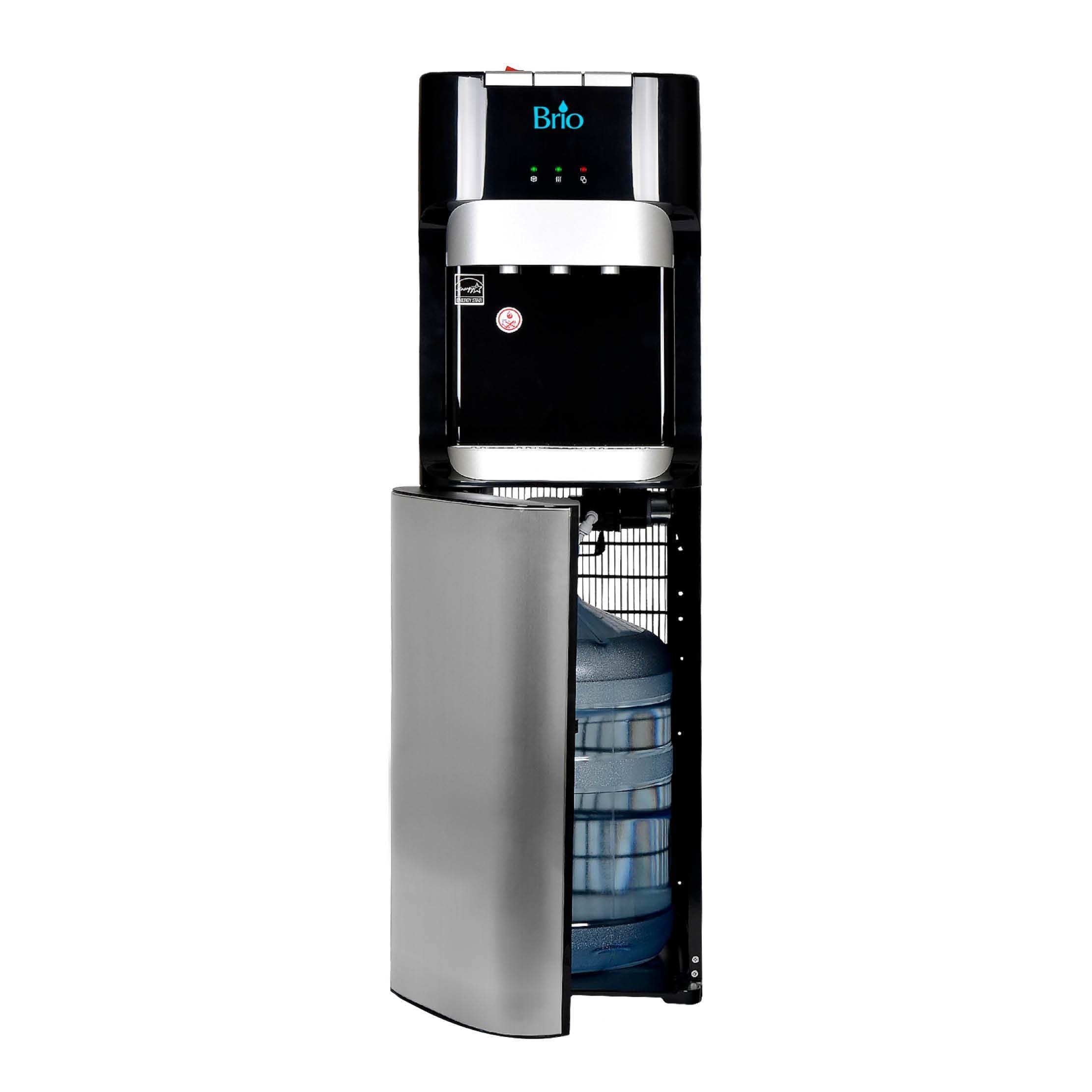  Hot Cold and Room Temp Water Dispenser Cooler Bottom Load, Tri Temp, Black and Brush Stainless Steel, Brio Essential 