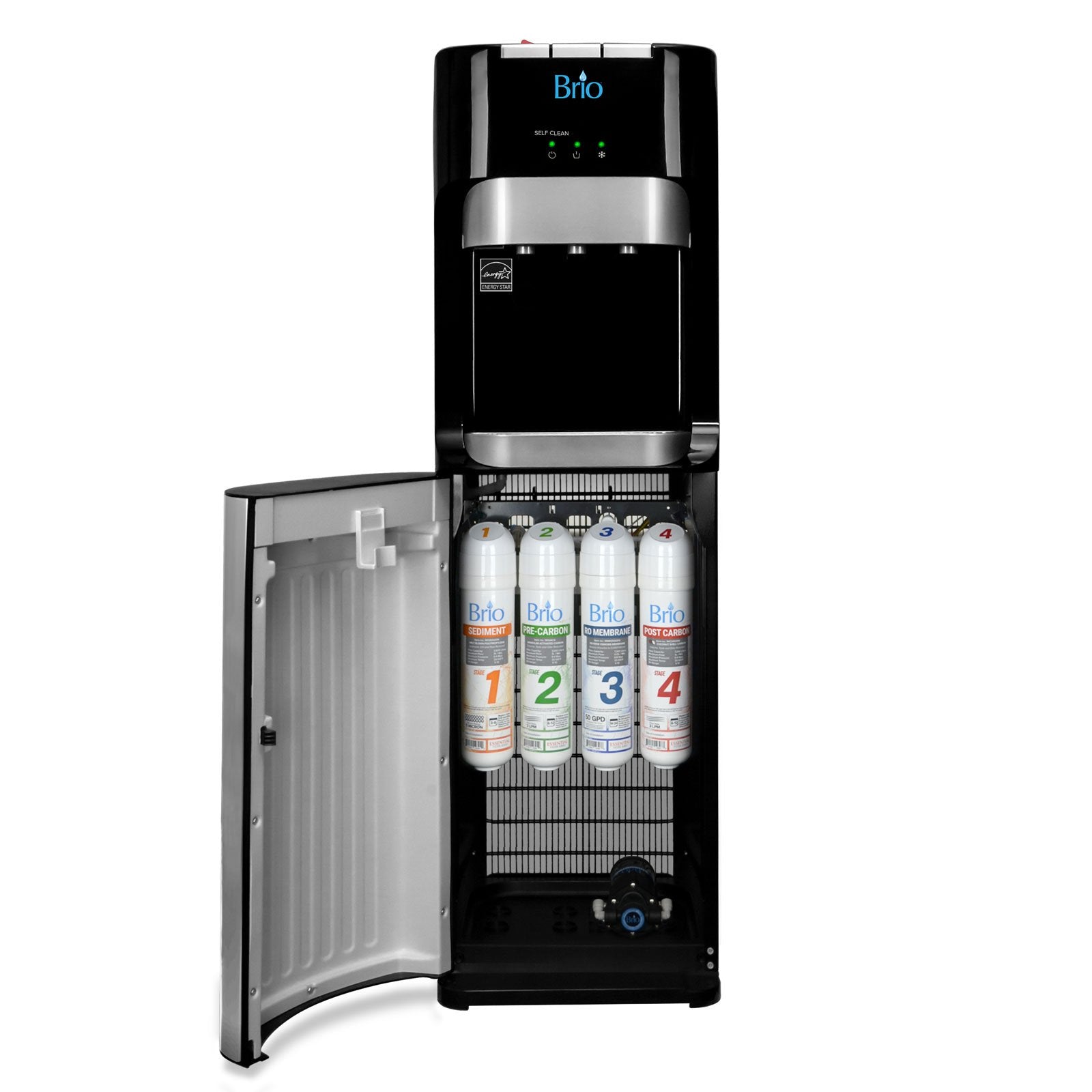  Hot Cold and Room Temp Filtered Water Dispenser Cooler POU, Tri Temp, Black and Brush Stainless Steel, Brio Essential 