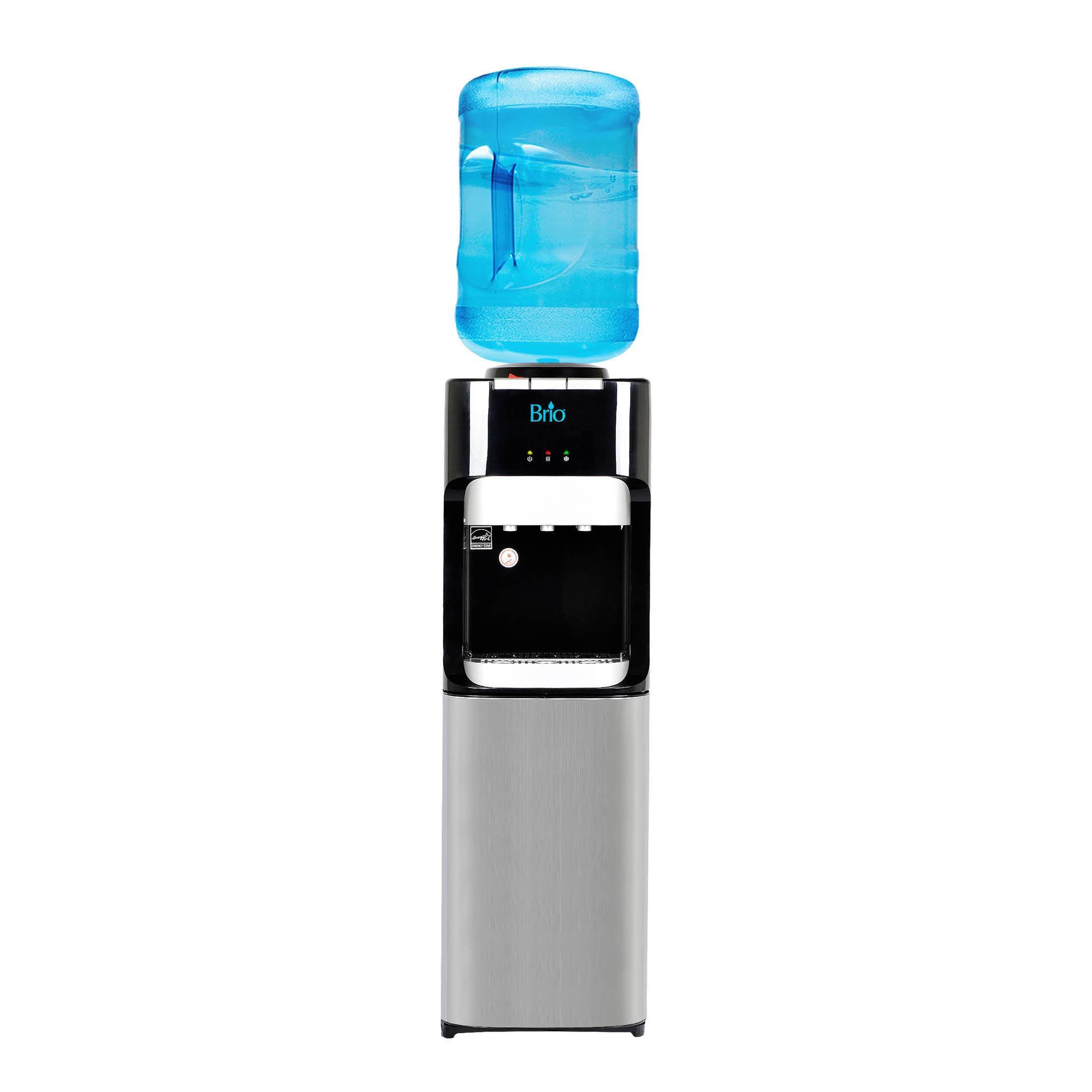  Hot Cold and Room Temp Water Dispenser Cooler Top Load, Tri Temp, Black and Stainless Steel, Brio Essential 