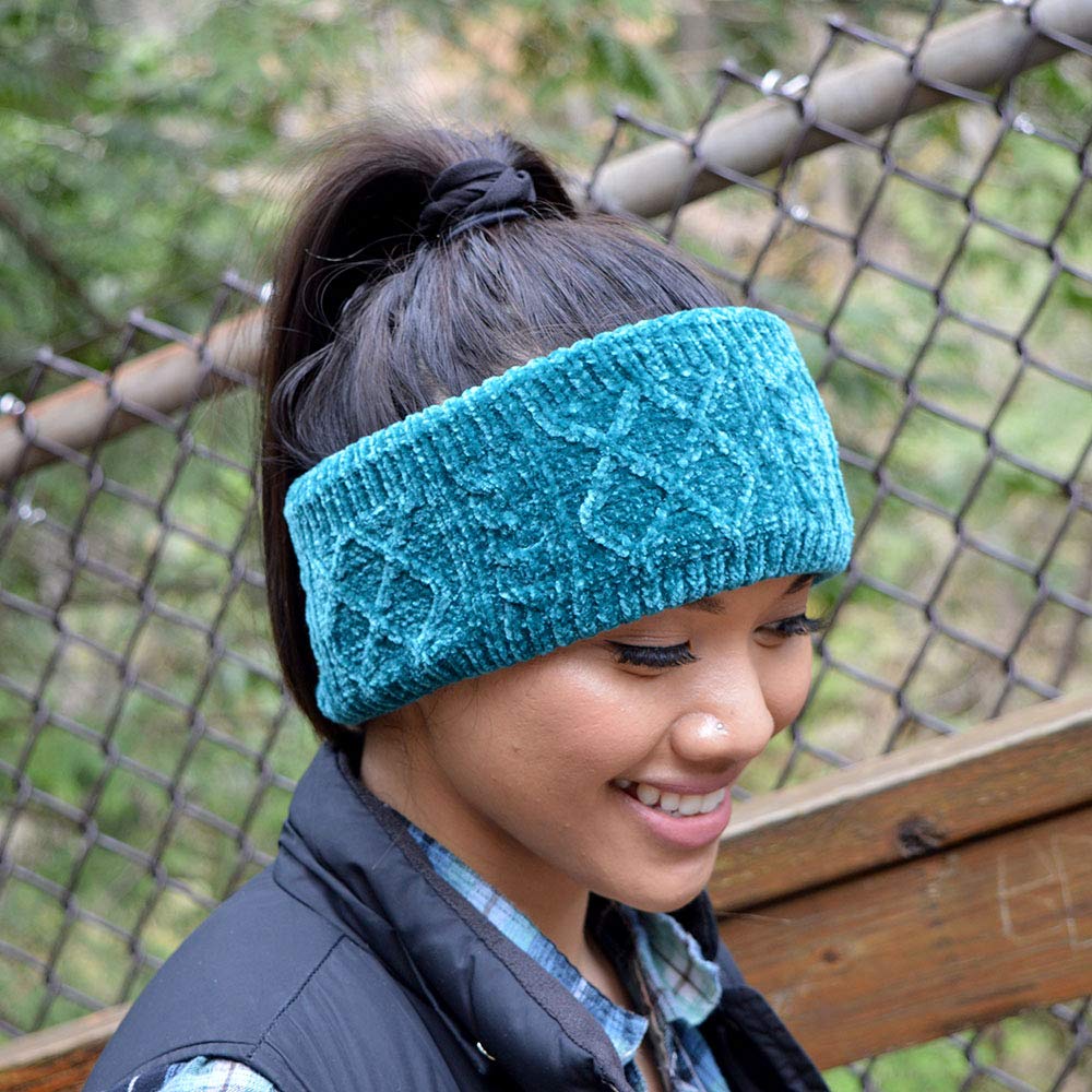 Pudus Winter Headbands for Women - Chenille Cable Knit Ear Warmer Headwrap Headband with Warm Faux Fur Fleece Lining