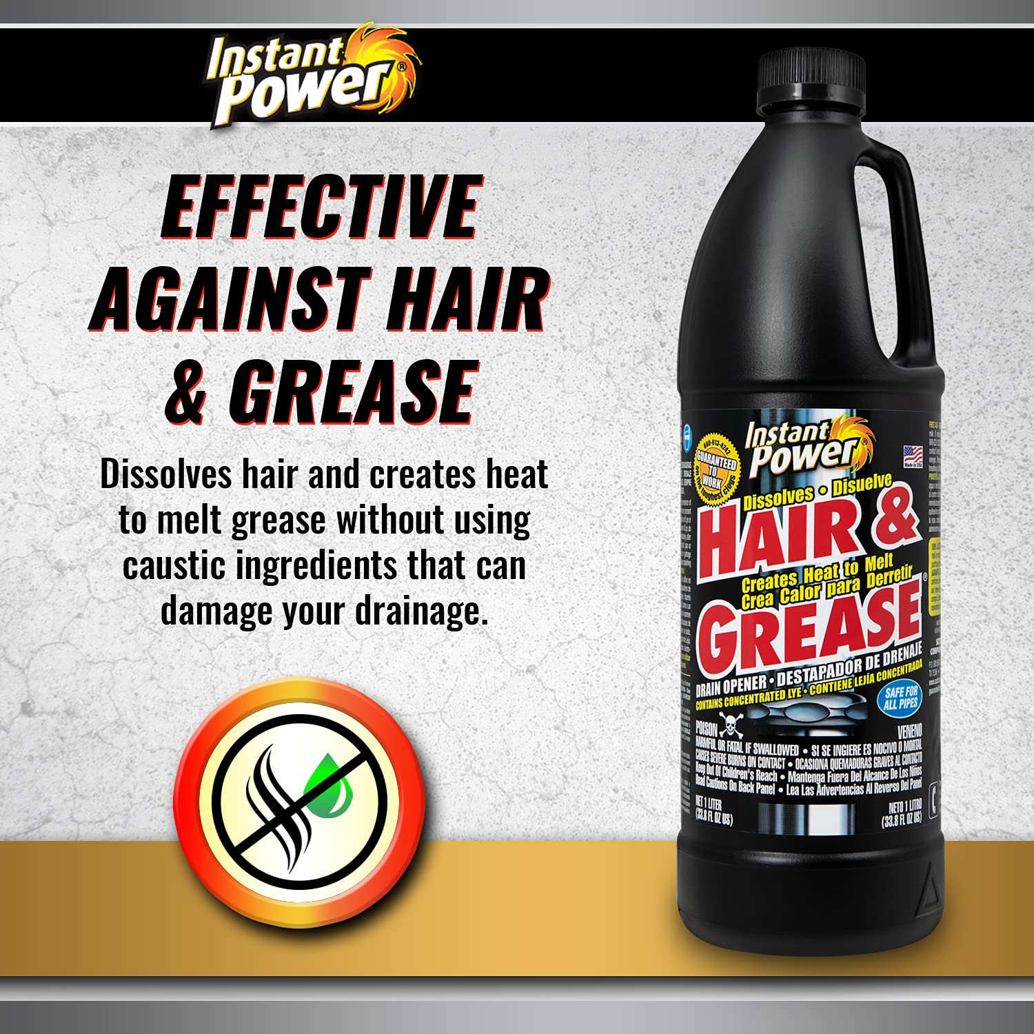 Instant Power 1969 Hair and Grease Drain Opener | 1L | Liquid, Black (3-Pack)