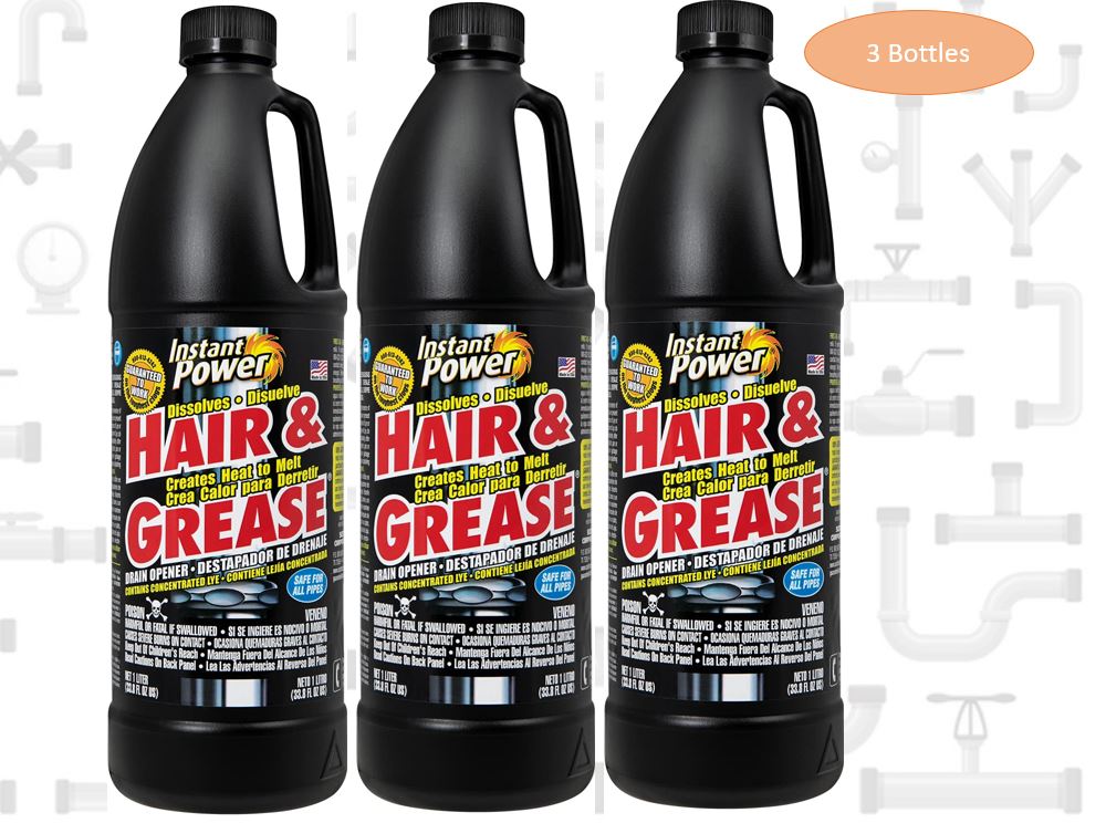 Instant Power 1969 Hair and Grease Drain Opener | 1L | Liquid, Black (3-Pack)