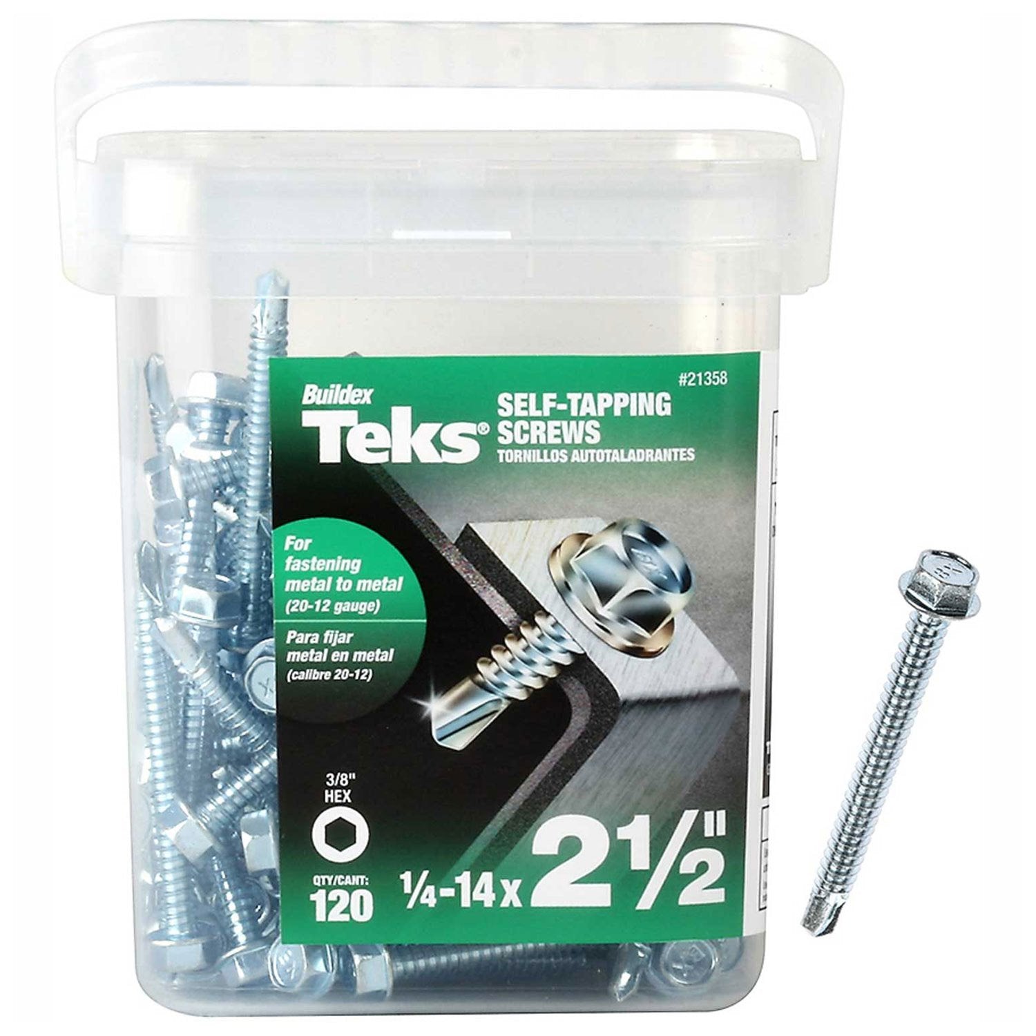ITW Brands 21358 Zinc Plated 120 Pack, 14 x 2.5,Teks Steel Hex Head Self Drilling Screws, 1/4-14" x 2-1/2"