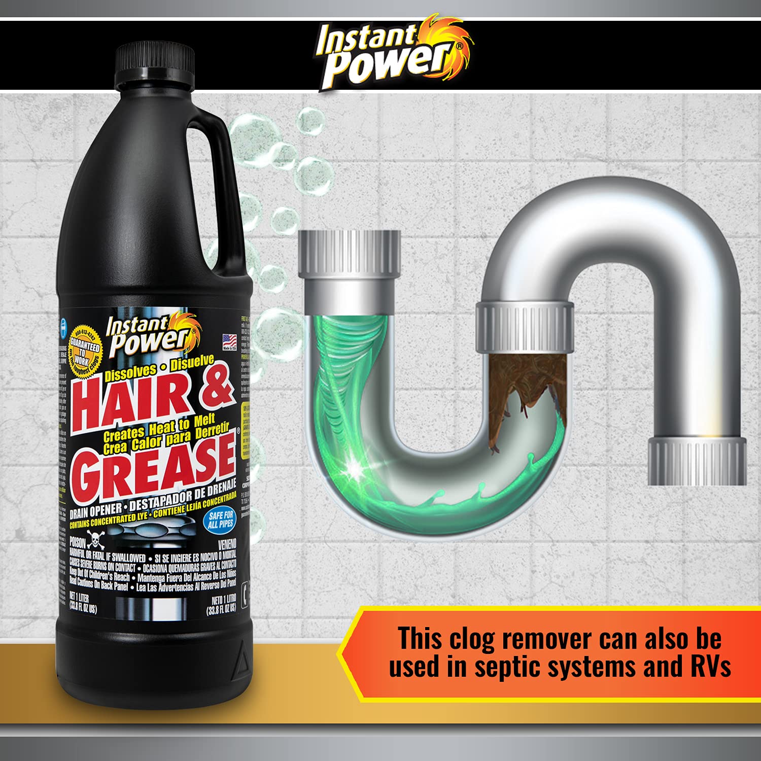 Instant Power 1969 Hair and Grease Drain Opener | 1L | Liquid, Black (3-Pack)