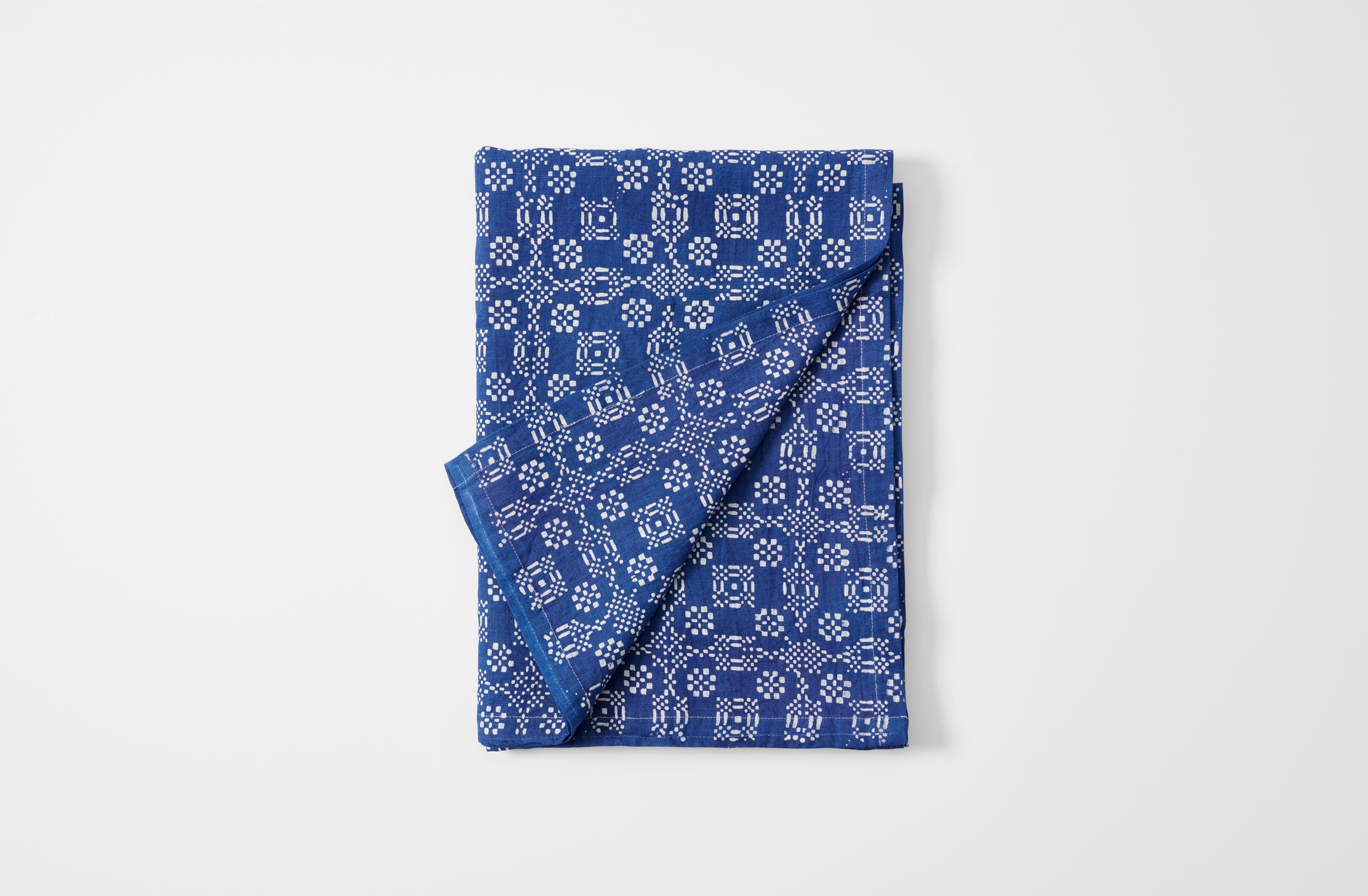 Hand-Printed Checkered Floral Indigo Linen Tablecloth
