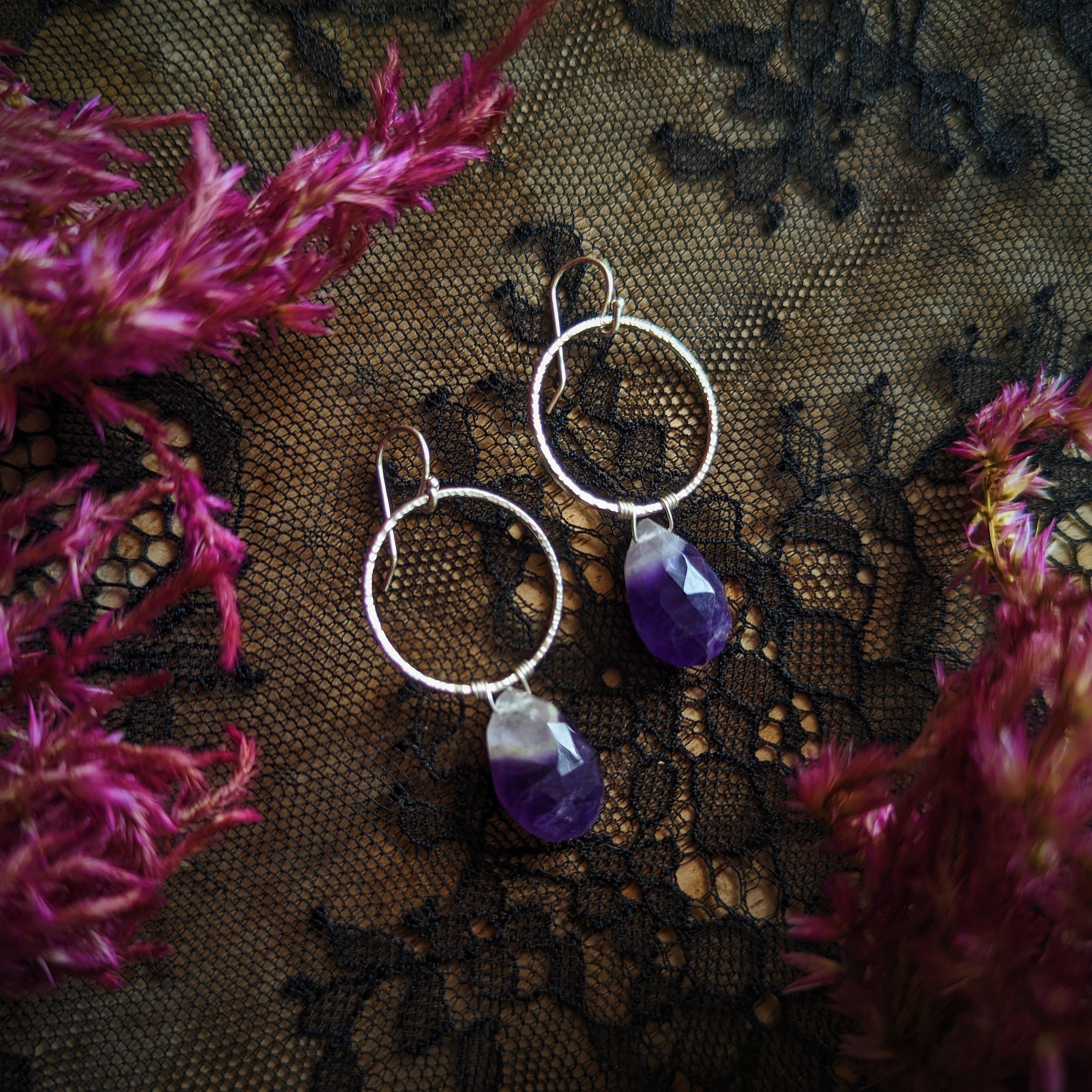 Amethyst Drop Hoop Earrings