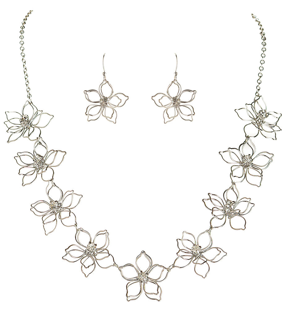 Silver 3D Wire Flower Necklace and Earrings Set