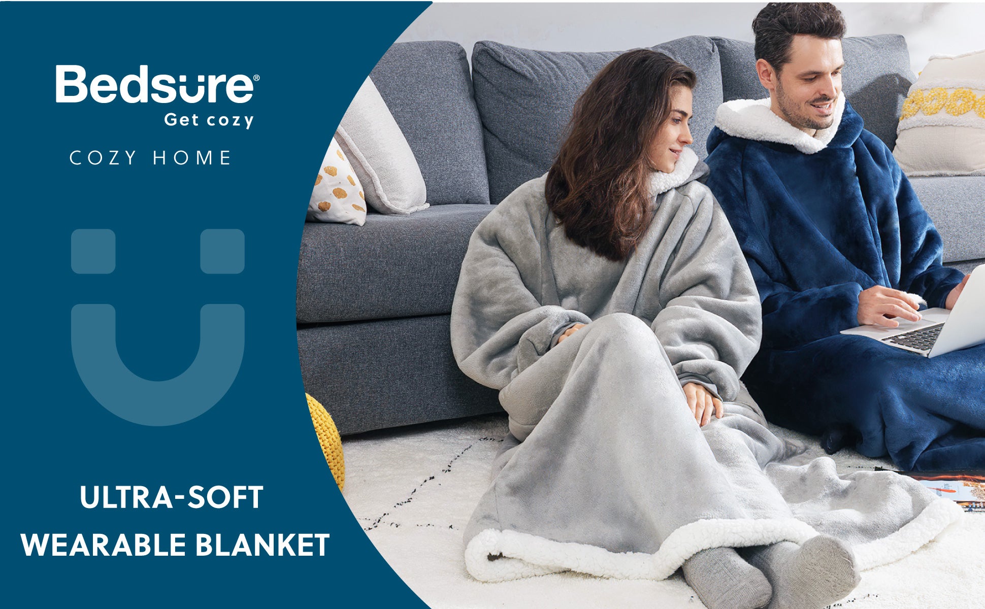 Bedsure Long Wearable Blanket , Sherpa Blanket Hooded , Oversize Blanket Sweatshirt with Deep Pockets and Sleeves for Adults, Grey 1