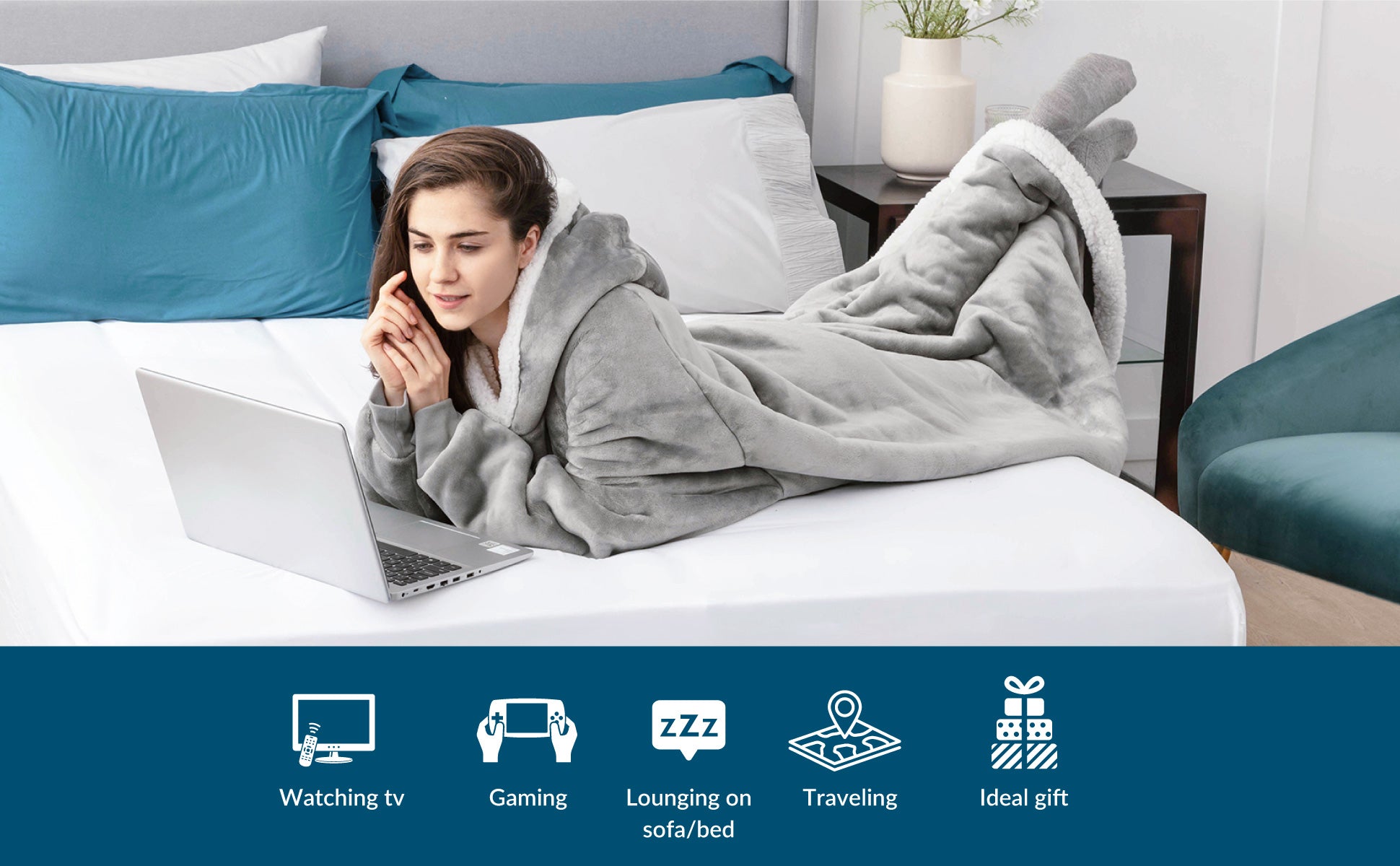 Bedsure Long Wearable Blanket , Sherpa Blanket Hooded , Oversize Blanket Sweatshirt with Deep Pockets and Sleeves for Adults, Grey 6