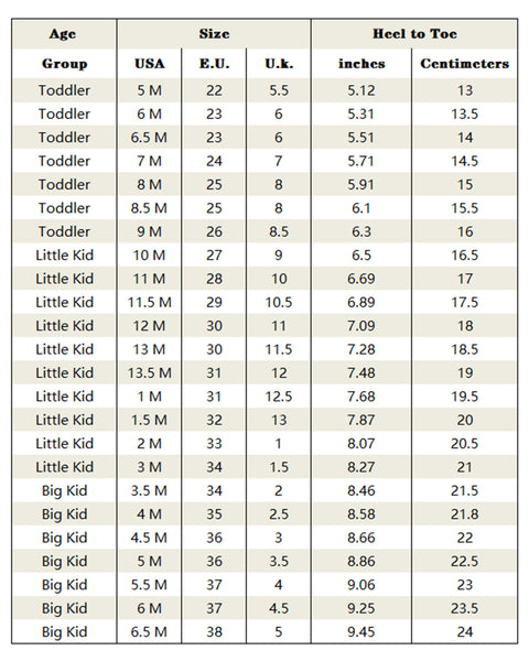 Footwear Guide Children's Sizing Conversion