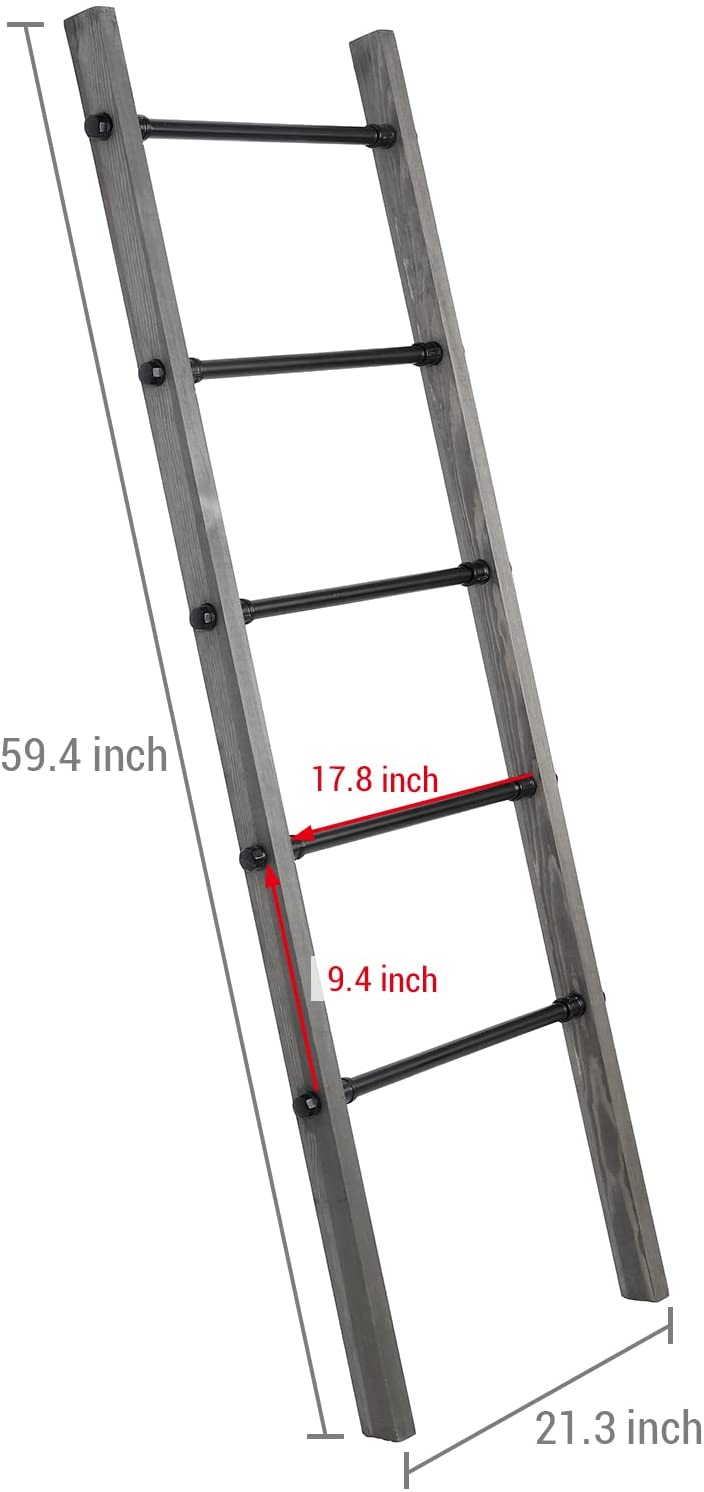 5-ft Blanket Ladder, Wall-Leaning Decorative Storage Ladder with Weathered Gray Wood and Industrial Metal Pipe Rungs