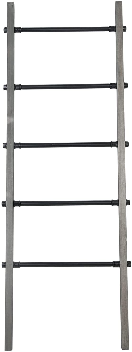 5-ft Blanket Ladder, Wall-Leaning Decorative Storage Ladder with Weathered Gray Wood and Industrial Metal Pipe Rungs