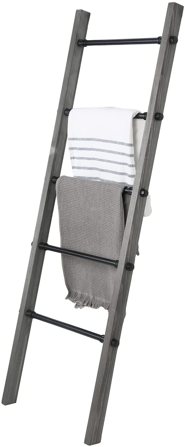 5-ft Blanket Ladder, Wall-Leaning Decorative Storage Ladder with Weathered Gray Wood and Industrial Metal Pipe Rungs