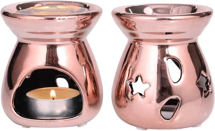 Copper Ceramic Essential Oil Diffuser, Wax Warmer Tealight Candle Holder with Stars and Moon Cutout Design, Set of 2