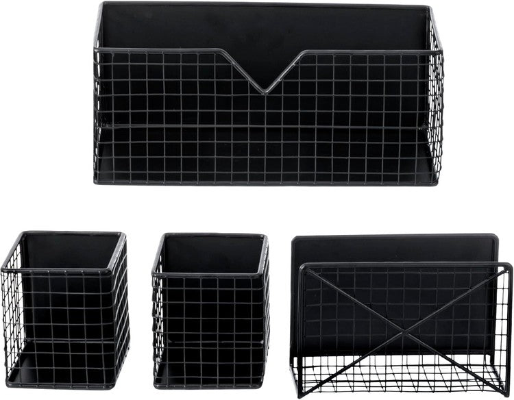 Industrial Matte Black Metal Wire Mesh Magnetic Baskets with Mail Sorter, File Storage Organizer, and Pen Holders