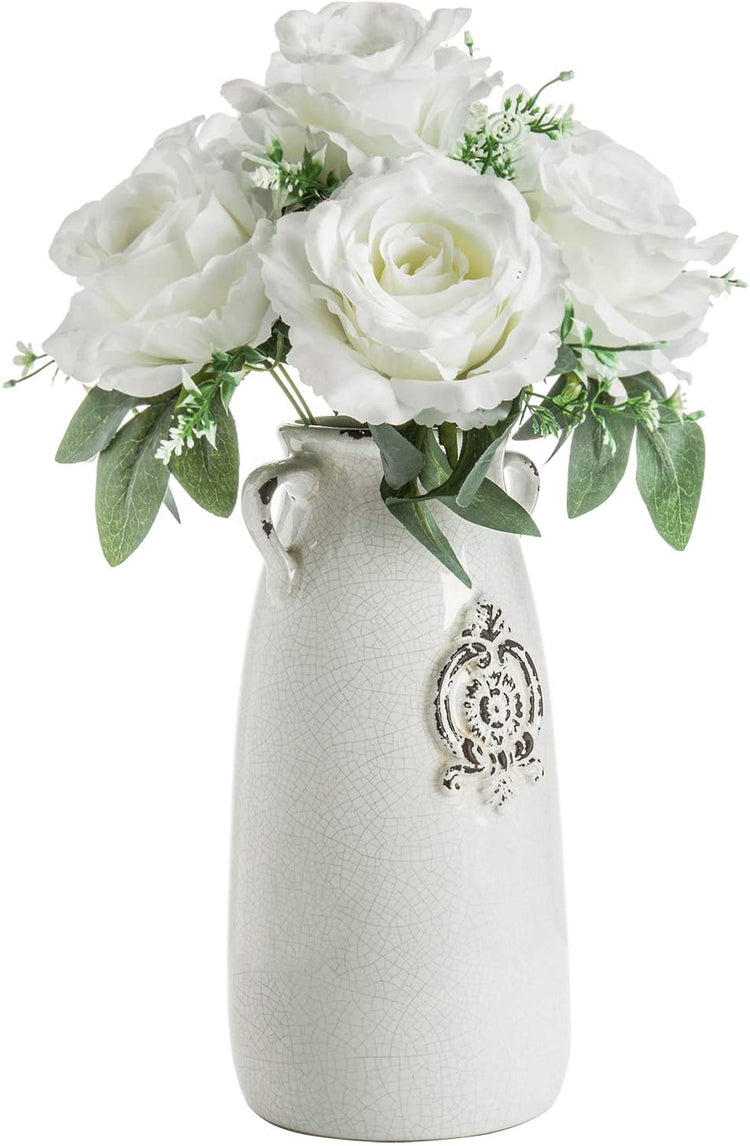 Farmhouse Style Antique White Ceramic Vase with Handle