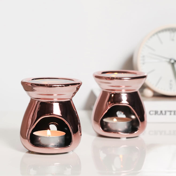 Copper Ceramic Essential Oil Diffuser, Wax Warmer Tealight Candle Holder with Stars and Moon Cutout Design, Set of 2