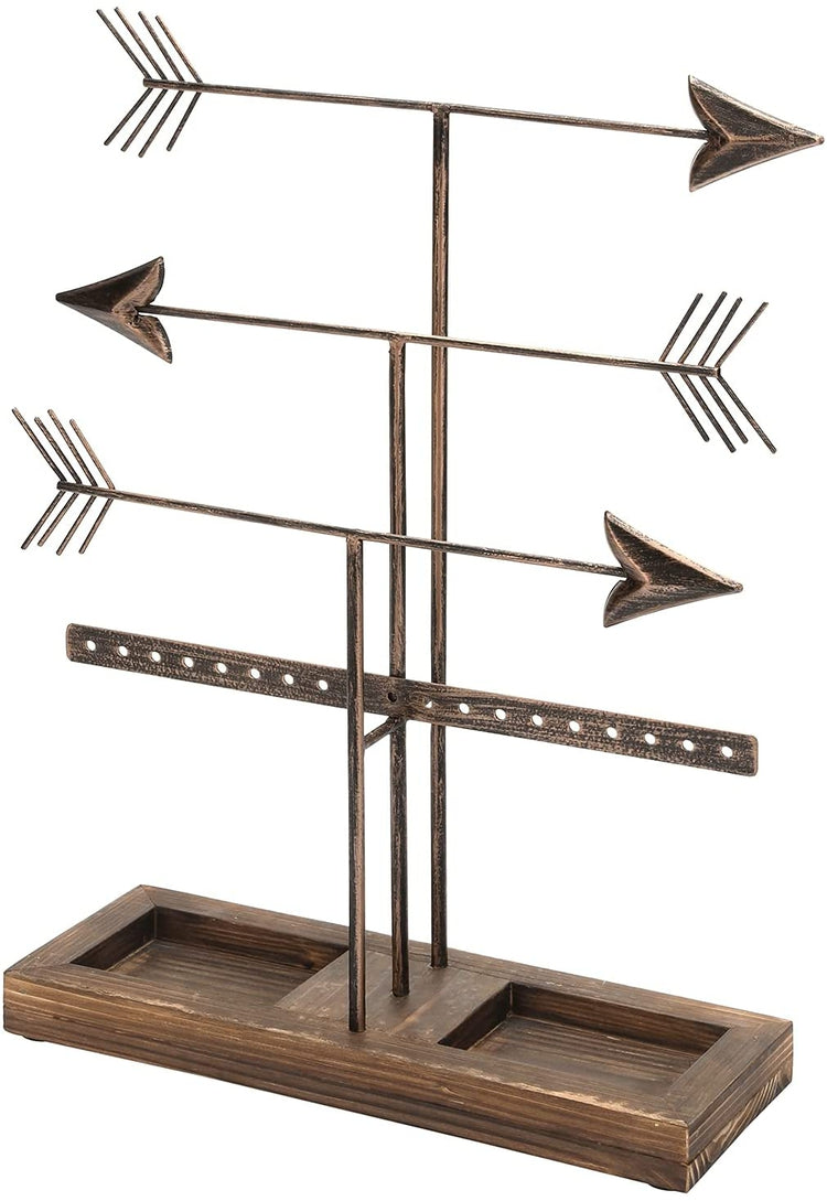 3 Tier Bronze Metal Arrows Design Jewelry Holder Rack, Earring and Necklace Tower with Burnt Wood Ring Dish Tray