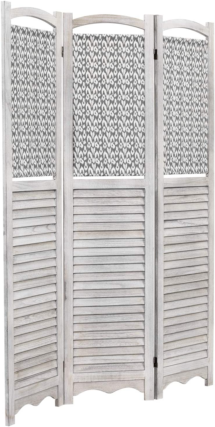 Rustic Gray on White Louvered Design Room Divider with Wood Frame & Decorative Fabric Screen w/ 3-Panels