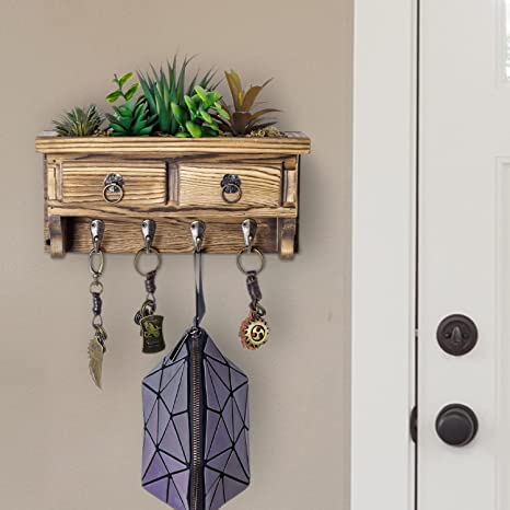 Wall Mounted Rustic Burnt Wood Entryway Organizer, Key Hook Rack with Artificial Succulent Arrangement and Vintage Drawer Accent