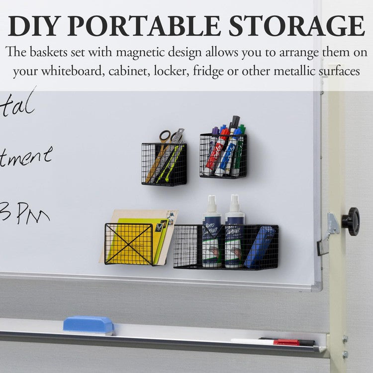 Industrial Matte Black Metal Wire Mesh Magnetic Baskets with Mail Sorter, File Storage Organizer, and Pen Holders