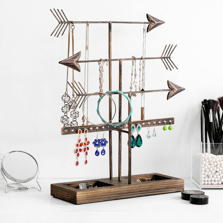 3 Tier Bronze Metal Arrows Design Jewelry Holder Rack, Earring and Necklace Tower with Burnt Wood Ring Dish Tray