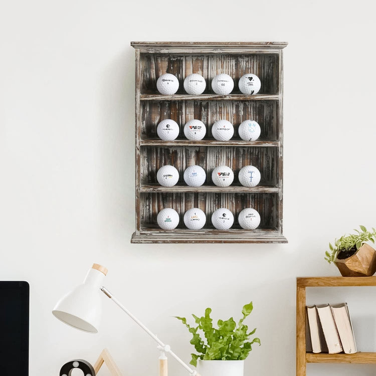 Wall Mounted Torched Wood Golf Ball Collector Display Shelf, 4-Tier Wooden Storage Organizer Rack with 16 Slot Holders