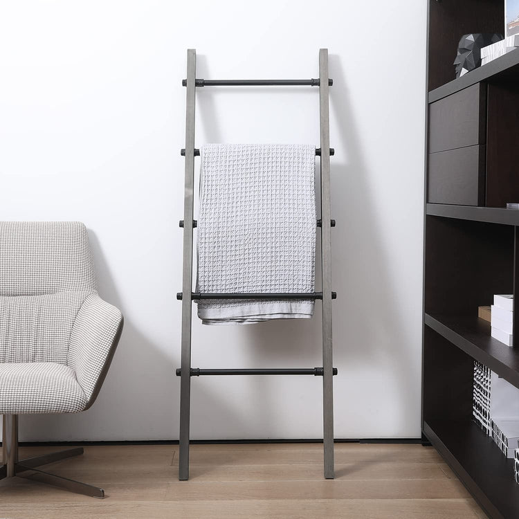 5-ft Blanket Ladder, Wall-Leaning Decorative Storage Ladder with Weathered Gray Wood and Industrial Metal Pipe Rungs