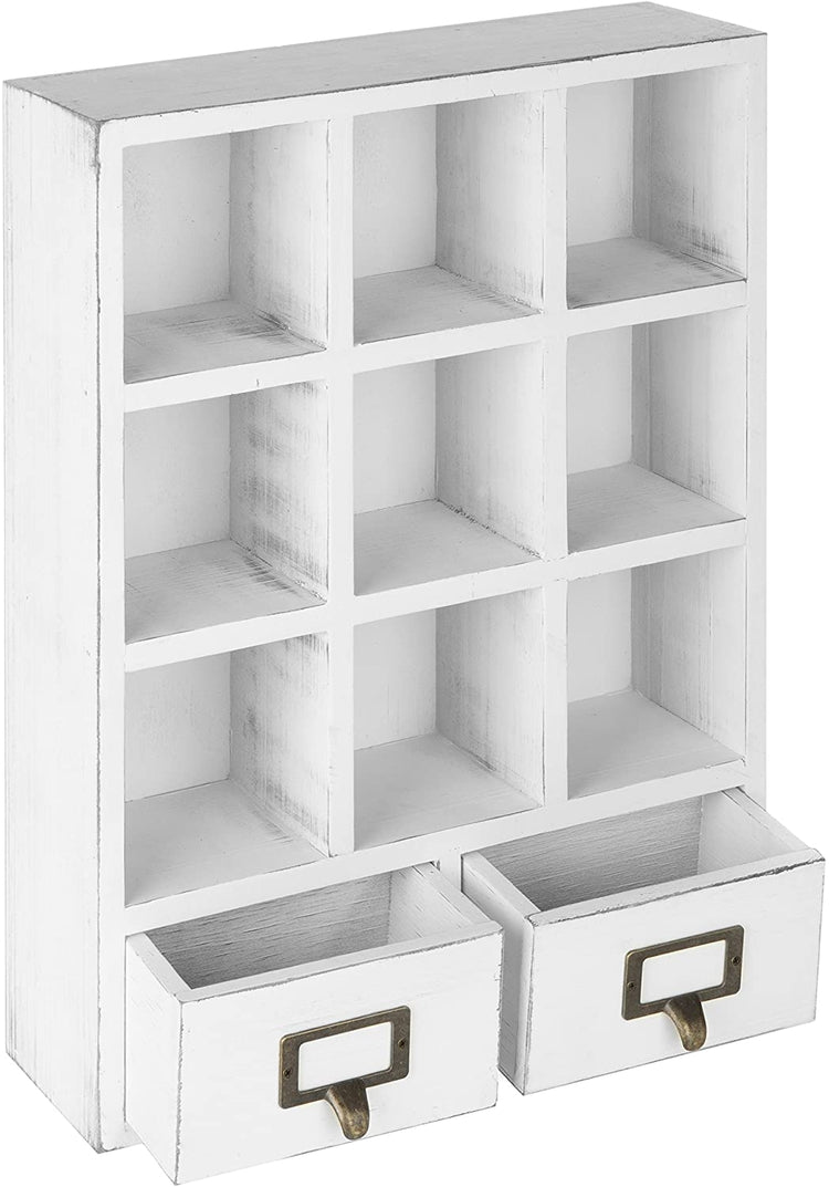 9-Slot White Wall-Mounted Shadow Box Display Shelf with 2 Pullout Drawers