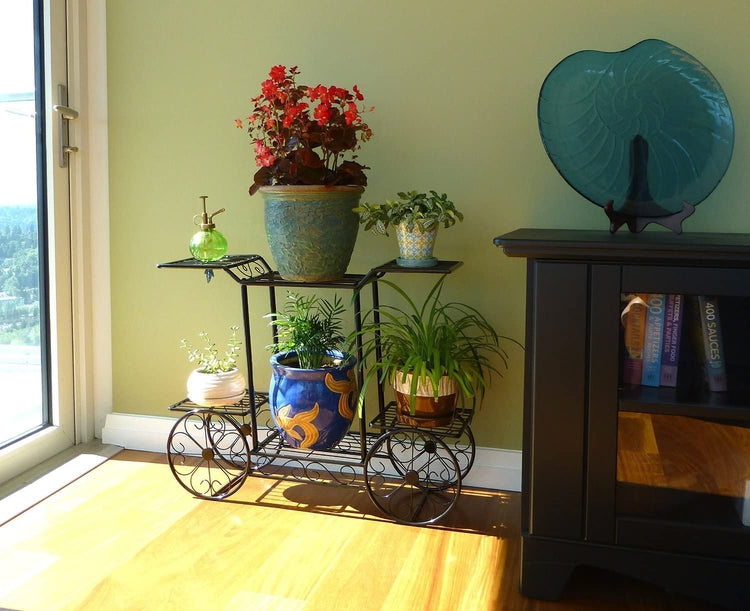 6 Tier Black Metal Garden Cart Planter Display Stand, Indoor Flower Pot Organizer Rack