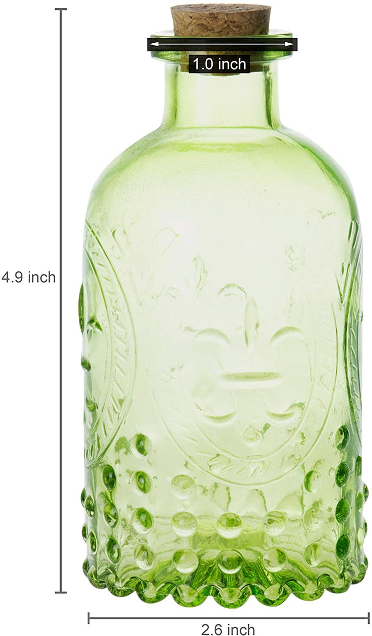 Vintage Design Embossed Green Glass Bottle with Cork Lid, Set of 2