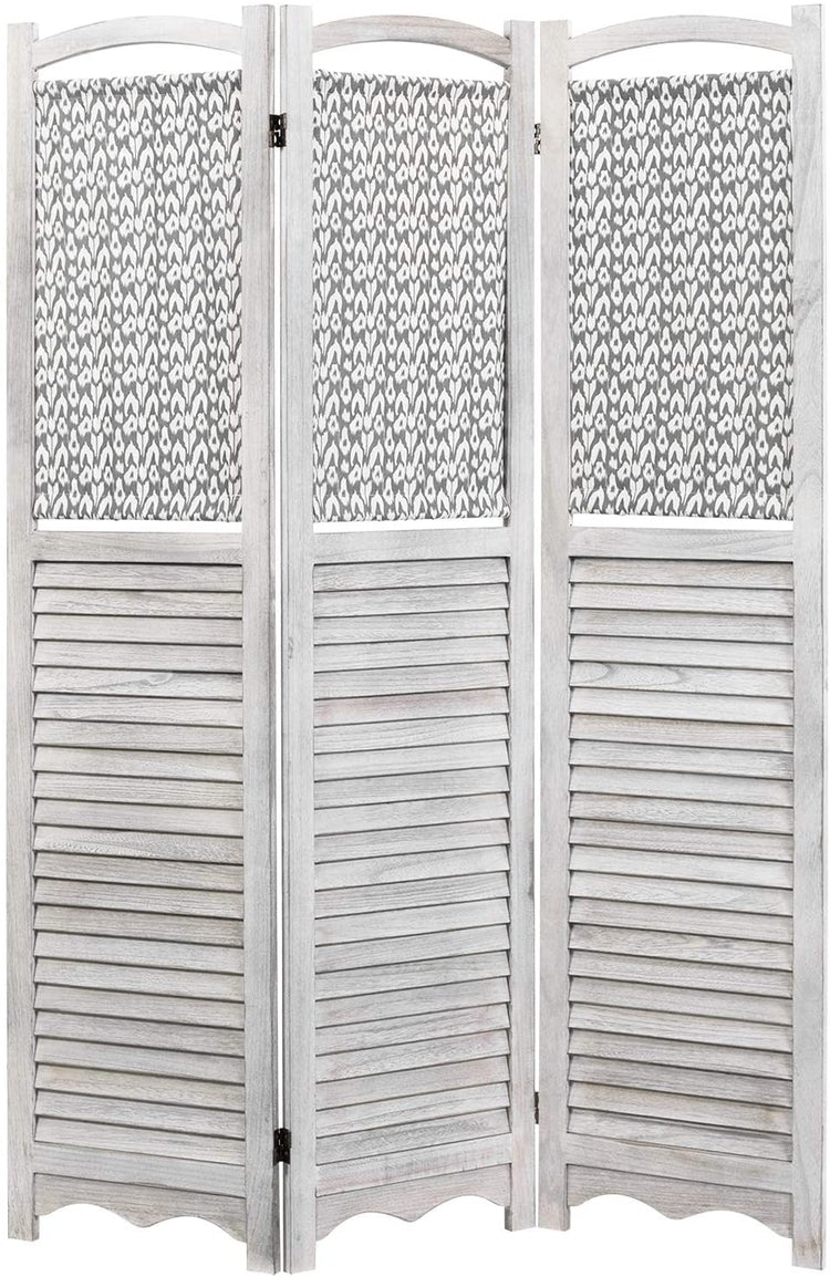 Rustic Gray on White Louvered Design Room Divider with Wood Frame & Decorative Fabric Screen w/ 3-Panels