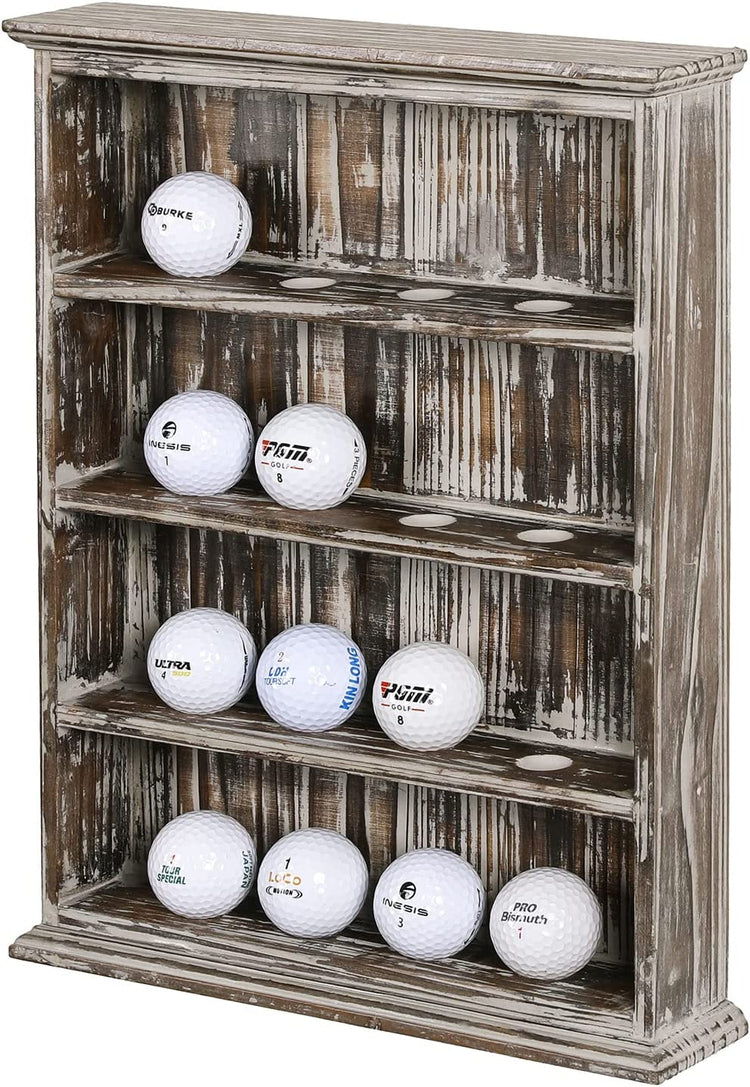 Wall Mounted Torched Wood Golf Ball Collector Display Shelf, 4-Tier Wooden Storage Organizer Rack with 16 Slot Holders