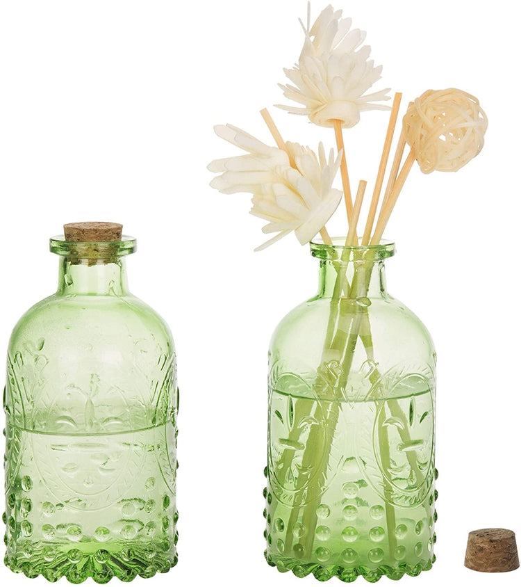 Vintage Design Embossed Green Glass Bottle with Cork Lid, Set of 2