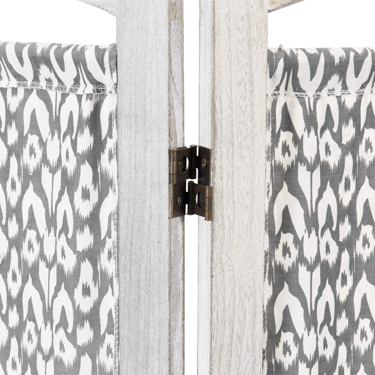 Rustic Gray on White Louvered Design Room Divider with Wood Frame & Decorative Fabric Screen w/ 3-Panels