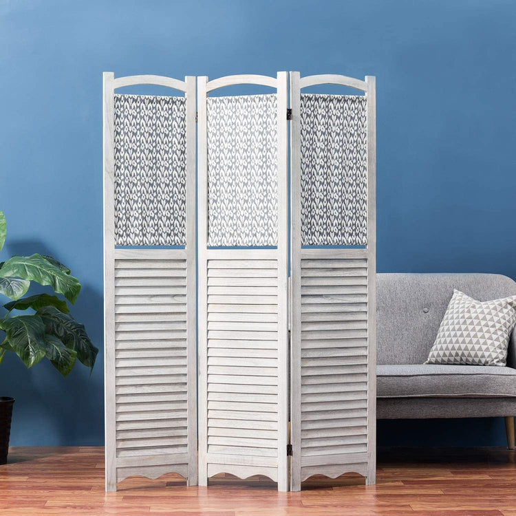 Rustic Gray on White Louvered Design Room Divider with Wood Frame & Decorative Fabric Screen w/ 3-Panels