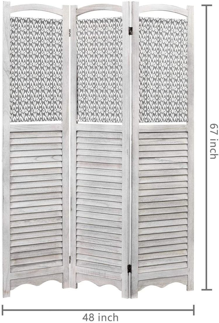 Rustic Gray on White Louvered Design Room Divider with Wood Frame & Decorative Fabric Screen w/ 3-Panels