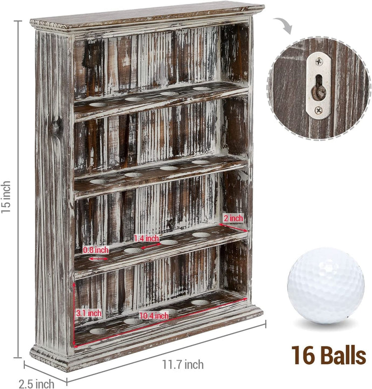 Wall Mounted Torched Wood Golf Ball Collector Display Shelf, 4-Tier Wooden Storage Organizer Rack with 16 Slot Holders
